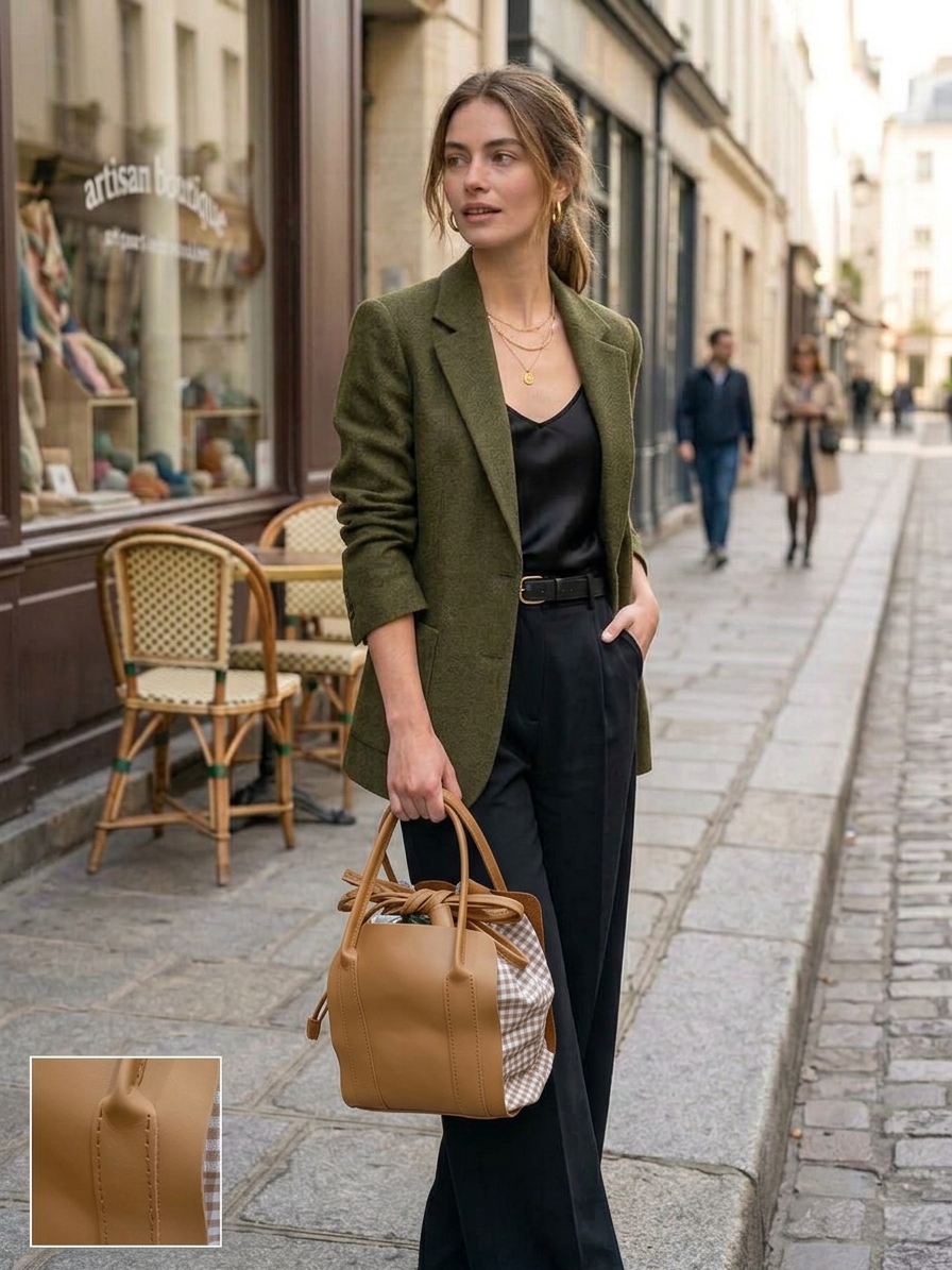 Bolsos de tela artesanales con estampados rojos y de cuadros con cuerpo y asas de cuero rojo