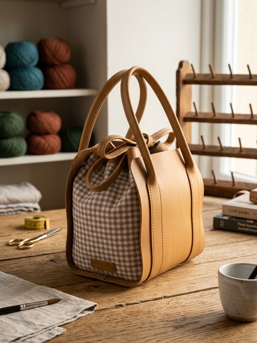 Bolsos de tela artesanales con estampados marrones y de cuadros con asas y cuerpo de cuero 