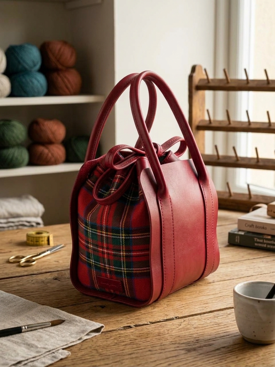 Bolsos de tela artesanales con estampados rojos y de cuadros con cuerpo y asas de cuero rojo
